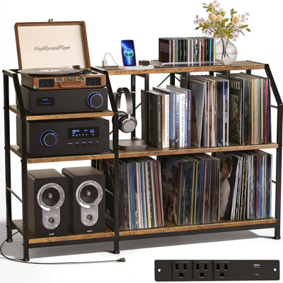 3-Tier Record Player Stand With USB Charging Station - Large Vinyl Storage Cabinet Holds 500+ Lps, Heavy-Duty Media Console For Turntable And Audio Eq
