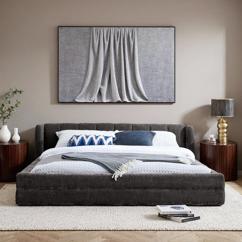 Grand lit plateforme moderne moelleux avec tête de lit en chenille douce - gris foncé (87 x 67 pouces)