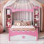 Lit plateforme simple en bois de pin MDF avec tablettes de rangement, lit en forme de château blanc et rose