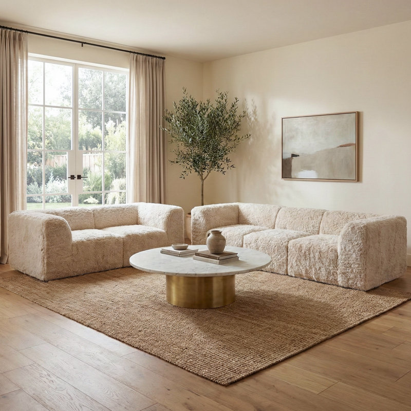 Ensemble de canapé et causeuse modulables en fausse fourrure 5 pièces Cathryn, Beige