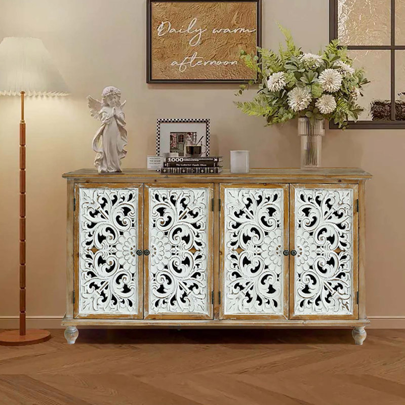 Buffet moderne 4 portes avec espace de rangement. Finition vieillie, convient aux portes d'armoire de différentes pièces et aux détails faits à la main. Style, pour le couloir