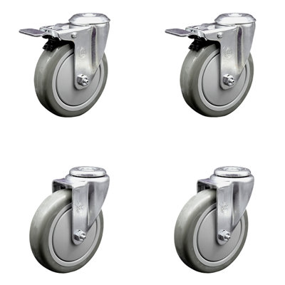 5 Inch SS Polyurethane Swivel Bolt Hole Caster Set with 2 Total Lock Brake