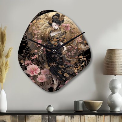 Elegant Japanese Woman III - Woman Unique Shape Metal Wall Clock, Gold Asymmetrical Clock Print