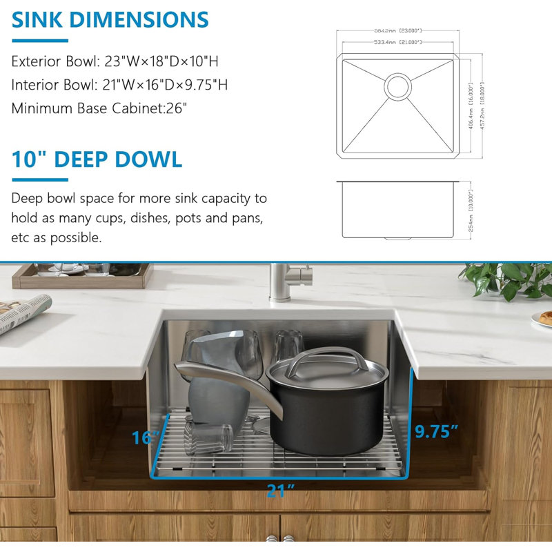 23"W Single Bowl Stainless Steel Undermount Kitchen Sink
