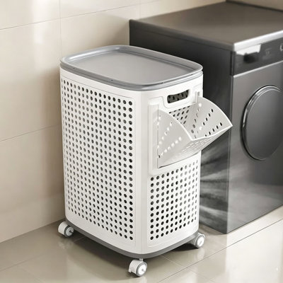 JOYBOS  Laundry Hamper with Lid & Dividers, Divided Ventilated Plastic Basket with Wheels & Handle, Light Gray