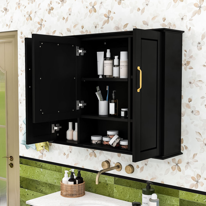Armoire de salle de bain murale à miroir avec tablettes réglables, rangement dissimulé, Noir