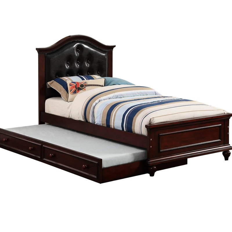 Lit simple avec lit gigogne de style contemporain, couleur cerise foncée, contreplaqué de pin et tête de lit en simili cuir noir avec placage de bouleau