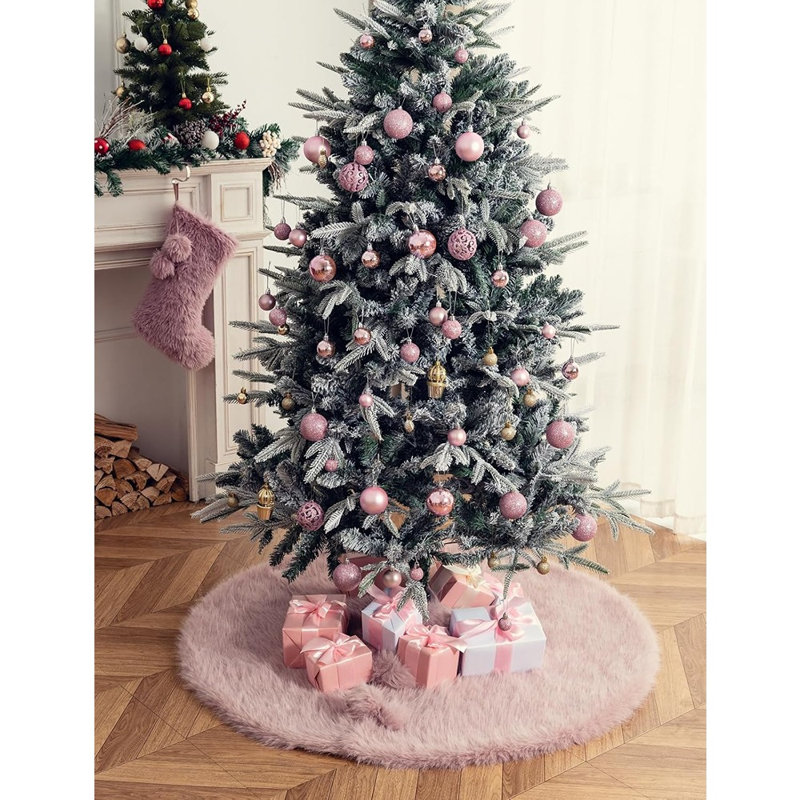 Jupe de sapin de Noël en fausse fourrure rose, housse de pied de sapin luxueuse et moelleuse pour la décoration des fêtes et la décoration festive de la maison