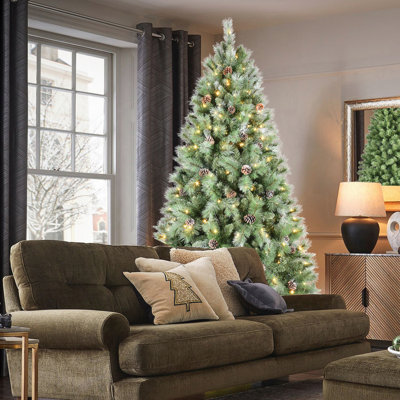 Arbre de Noël réaliste de 8 pi avec 550 lumières DEL blanc chaud, 1858 pointes mélangées, 102 pommes de pin, branches articulées et support en métal robuste