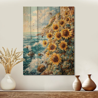 Ocean Breeze Sunflowers At The Coast II - Sunflowers Wood Print - On Natural Pine Wood