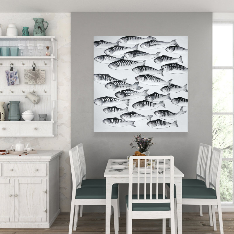 Toile grise - école de poissons, H 36 po x l 36 po