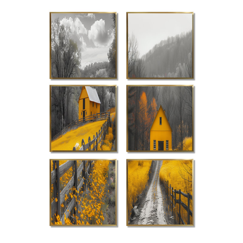 Ensemble de 6 reproductions de toiles de grange jaunes et grises, Impression encadrée sans passe-partout, Doré