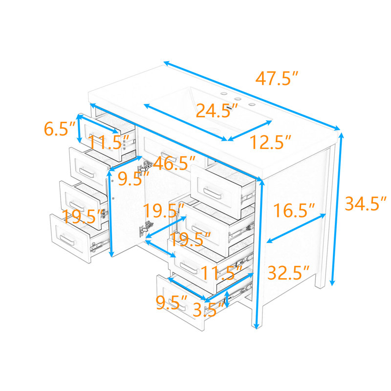 Meuble-lavabo avec lavabo, 8 tiroirs et 2 portes, Blanc