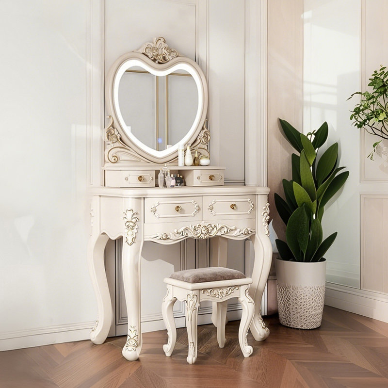 31.5"Light Luxury Compact Solid Wood Vanity Desk with Heart-shaped Mirror