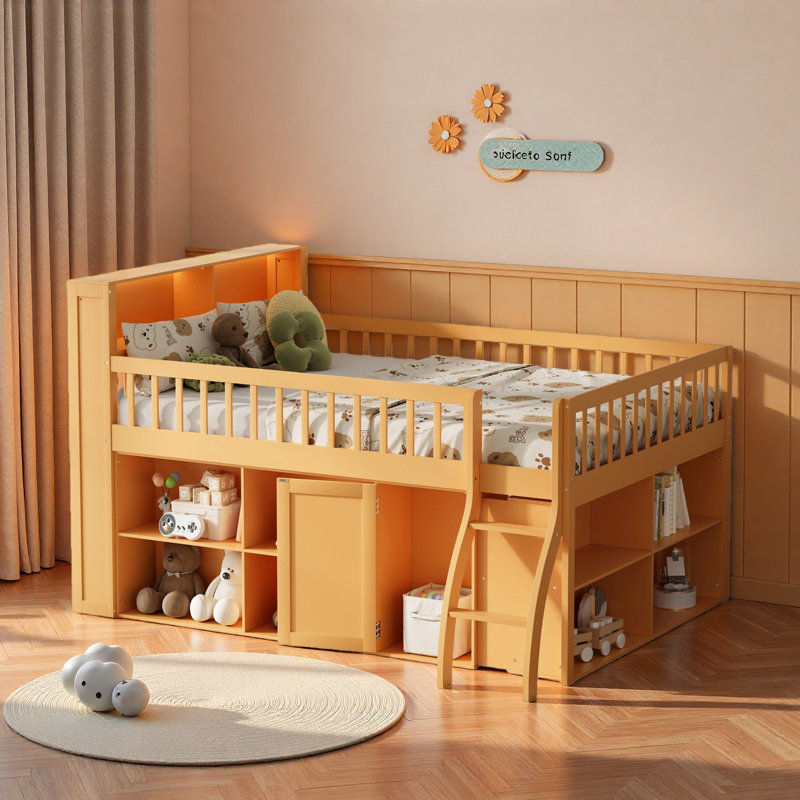 Lit mezzanine peu encombrant avec tablettes de rangement, tête de lit avec lumière DEL, Double, Naturel