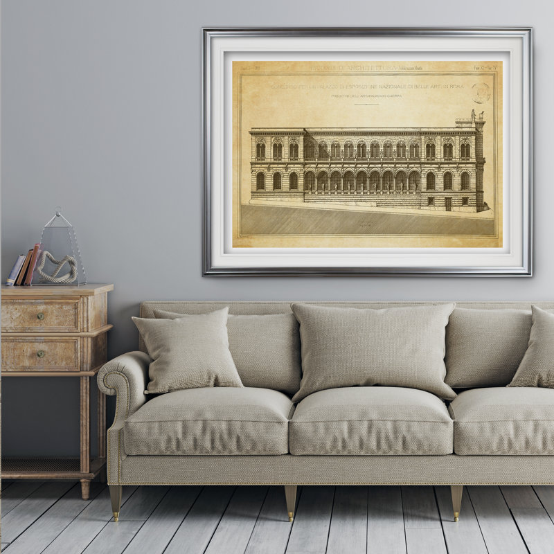 « rétro italien architecture stencil v », impression, H 18 po x l 27 po x P 1,5 po, Cadre argenté