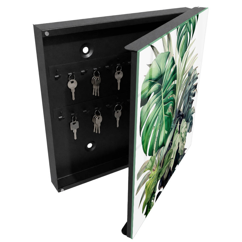 Key box for wall, Opens to the right, 30x30x5, White, Green leaves nature tropical exotic, 