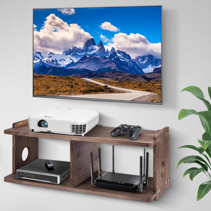 Media Console Shelf For Router, Modem, Game Console And Cable Management | Large Wooden Wall Mount Organizer With Cable Holes For Playstation, Xbox, Projector And Wifi Equipment