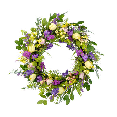 Couronne de porte 30 po à motif floral lavande artificiel, vert / mauve