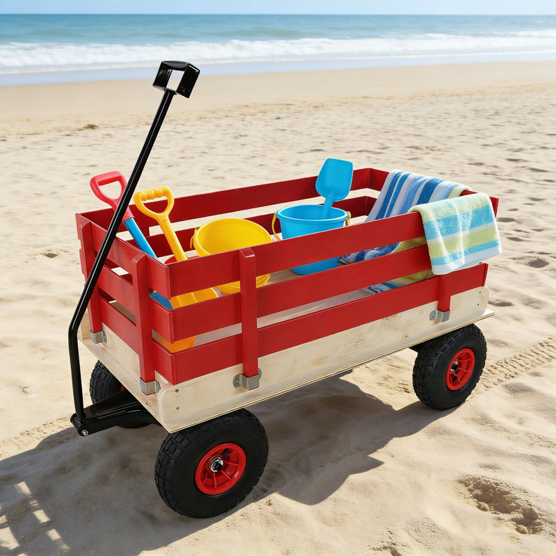 Chariot de chariot en bois avec poignée pliante, chariot utilitaire tout-terrain robuste pour l'extérieur, le jardin, le camping et la plage - chariot utilitaire à tirer classique