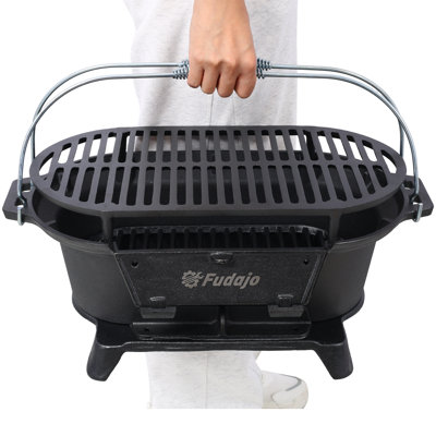 Barbecue ovale en fonte au charbon de bois, gril hibachi portatif de table avec poêle en fonte, 100 % fonte, petit poêle de camping
