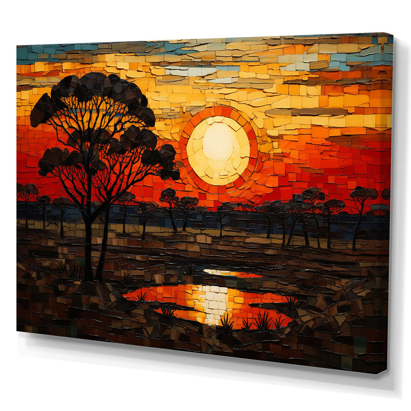 Savannah, coucher de soleil en safari africain dans les teintes 3 - Boho mosaïque, art mural, Toile tendue