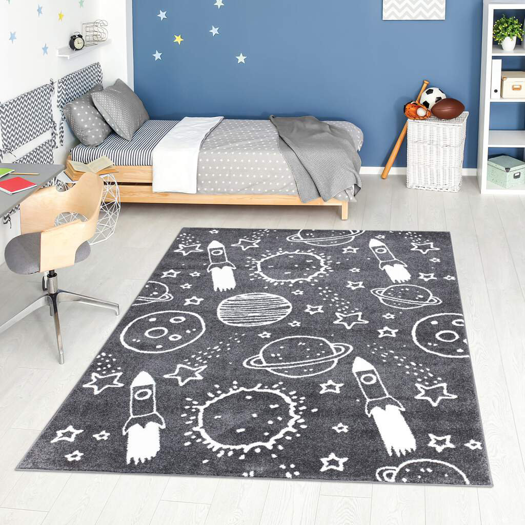 Kinderteppich Grau - 120X160 Cm - Weltall, Planet, Rakete - Kinderzimmer-Teppich Kurzflor