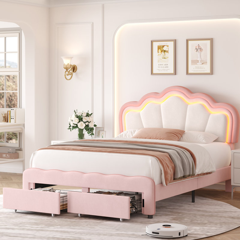 Lit pour enfant tapissier avec tiroir et tête de lit réglable Avalie, Double, Velours rose / beige