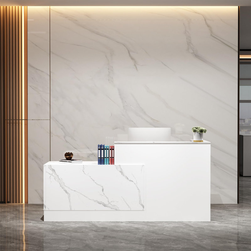 Bureau de réception en forme de L en marbre blanc avec classeur verrouillable et plateau pour clavier, bureau en bois pour une réception moderne, un cabinet et un salon