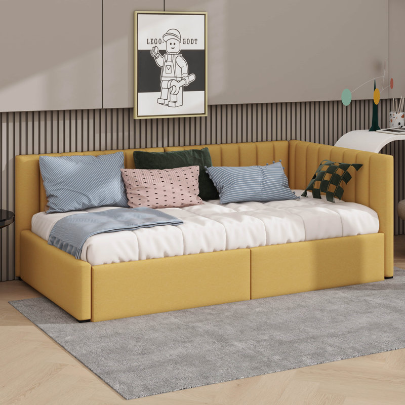 Twin-Size Upholstered Daybed With Two Built-In Drawers, Yellow