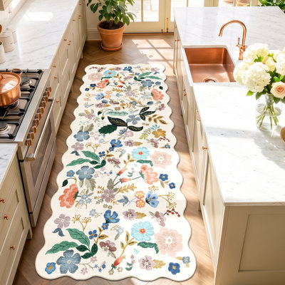Hallway 4x10 Washable Area Rugs: Indoor Floral Scalloped Rug for Kitchen Entryway Farmhouse Nursery Bathroom Soft Carpet with Non Slip Backing Water Resistant Thin Laudry Floor Mat (4x10,Cream)