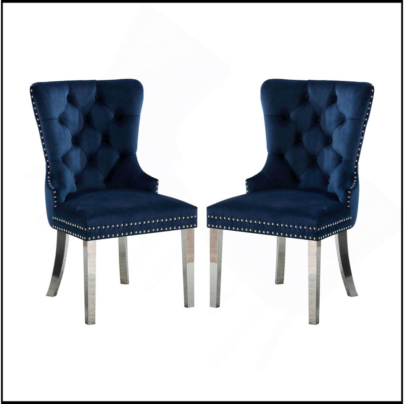 Ensemble de 2 chaises à oreilles avec dossier capitonné bleu et chrome