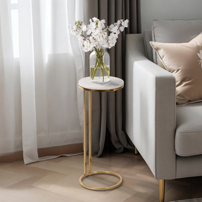 Marble Top Gold End Table – Elegant Small Side Table for Living Room, Bedroom or Office, White and Gold, 24"