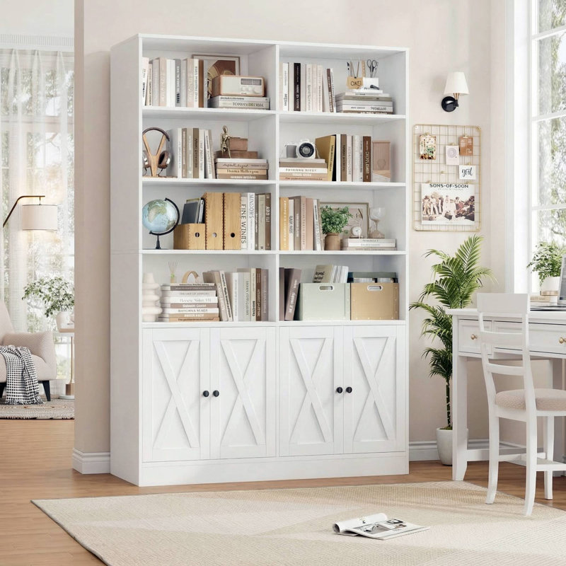 71.1"H X 47.2"W Standard Storage Bookcase with Doors and 8 Open Shelves, Modern Wood Organizer, White
