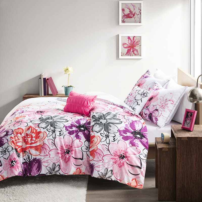 Édredon simple / simple TG et coussin, motif floral doux avec détails rose gris