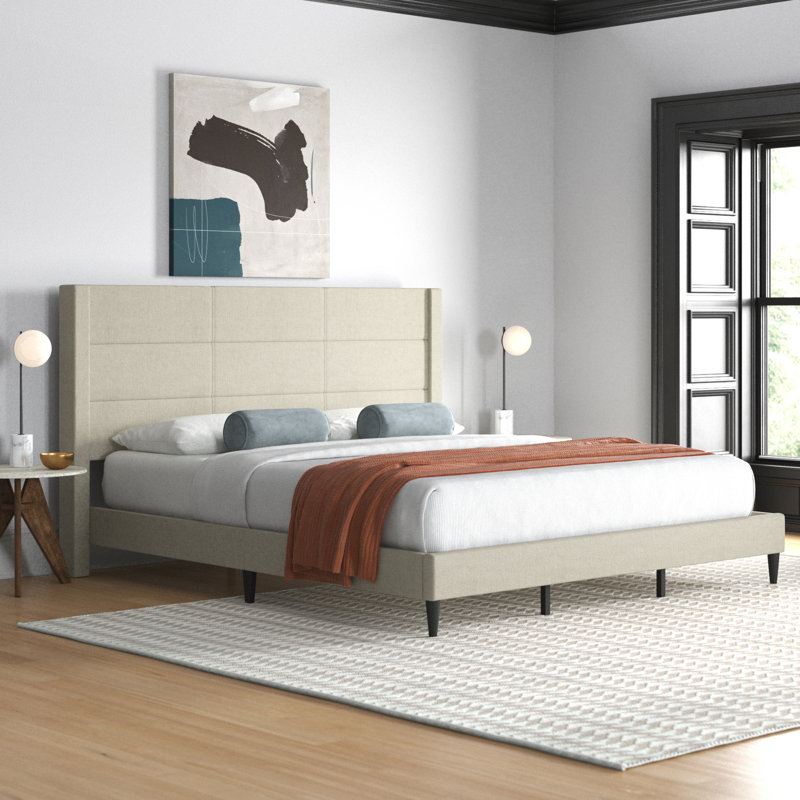 Chanee Upholstered Wingback Bed, King, Beige