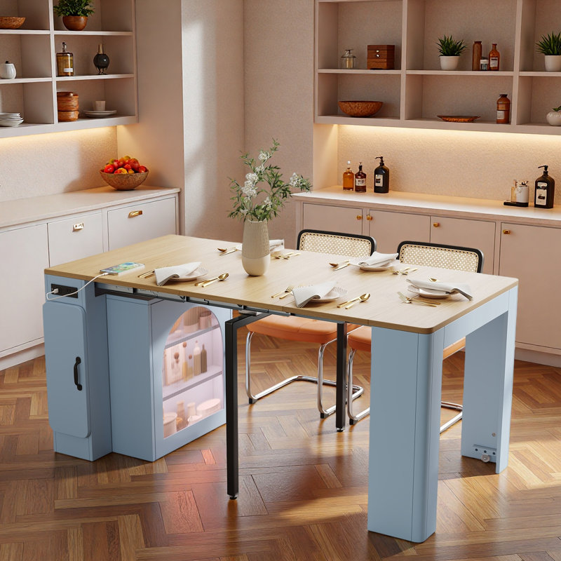 Îlot de cuisine 59 po avec table de salle à manger et support de rangement extensible, Bleu