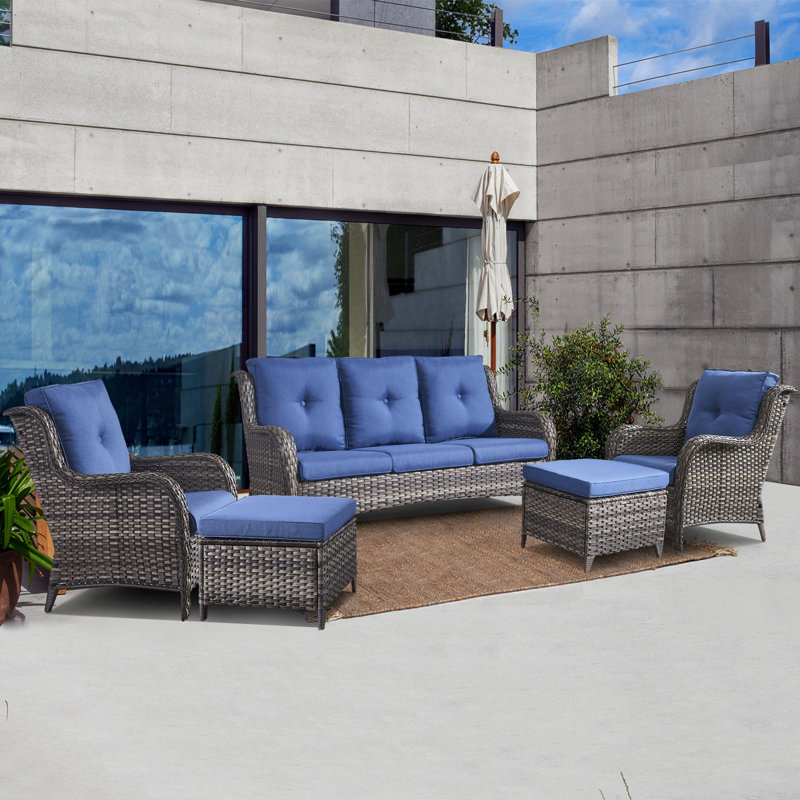 5 - Person Patio Conversation Set with Cushions, Blue, Gray