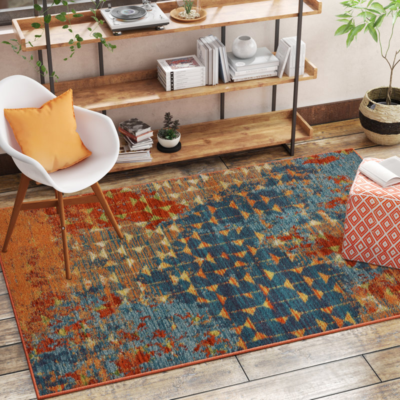 Leonidas Abstract Area Rug, Blue/Coral, Rectangle 6'7" x 9'6"