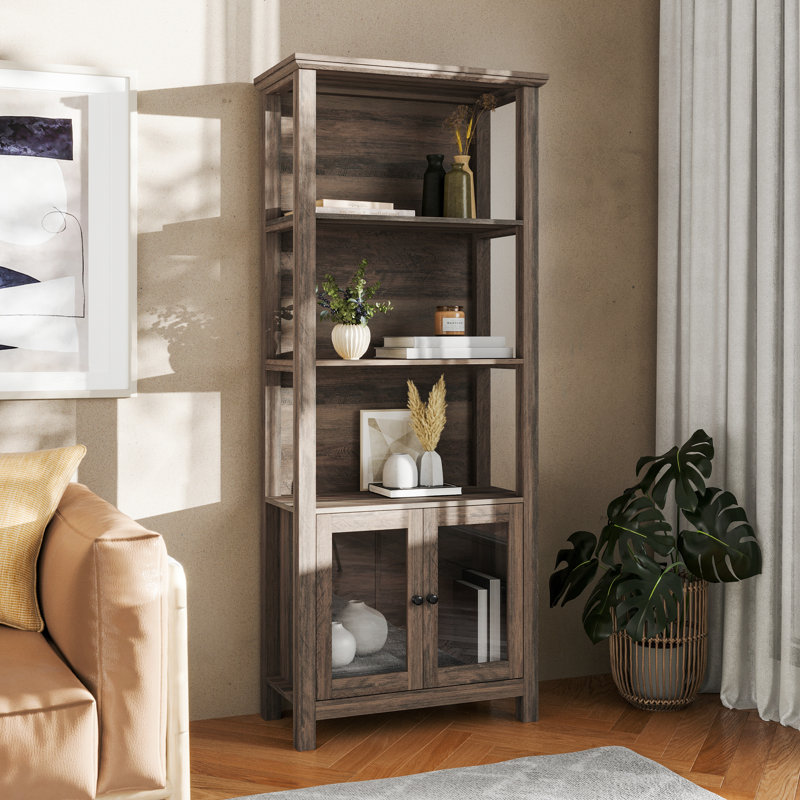 Modern Farmhouse Wooden Bookcase and Storage Cabinet with Tempered Glass Doors and 3 Upper Shelves, Gray Wash