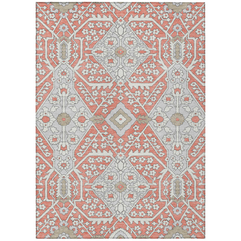 Tapis extérieur lavable floral gris saumon et taupe 10 pi x 14 pi