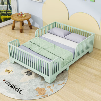 Wooden Floor Bed With Safety Guardrails Removable Doors And Center Legs