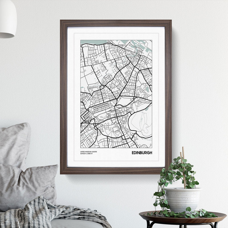 Map Edinburgh UK - Picture Frame Graphic Art, 65cm H x 48cm W x 2cm D, Walnut Framed