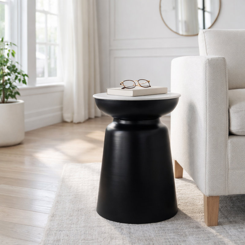 Sculptural Round Metal and Marble Side Accent End Table for Lounge Area - Pedestal Narrow Table with Stone Top for Entryway - 20", Black & White