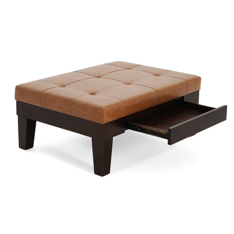 Brahmsley PU Leather Ottoman with Hidden Drawer & Wood Legs, Light Brown PU Leather