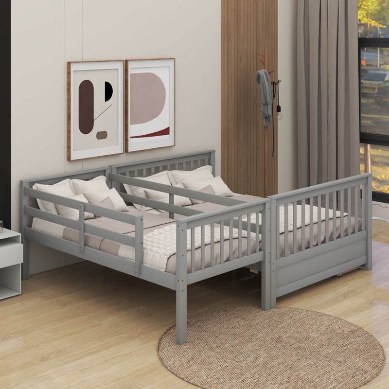 Lit simple superposé au dessus d'un lit double avec échelles et tiroirs, Gris