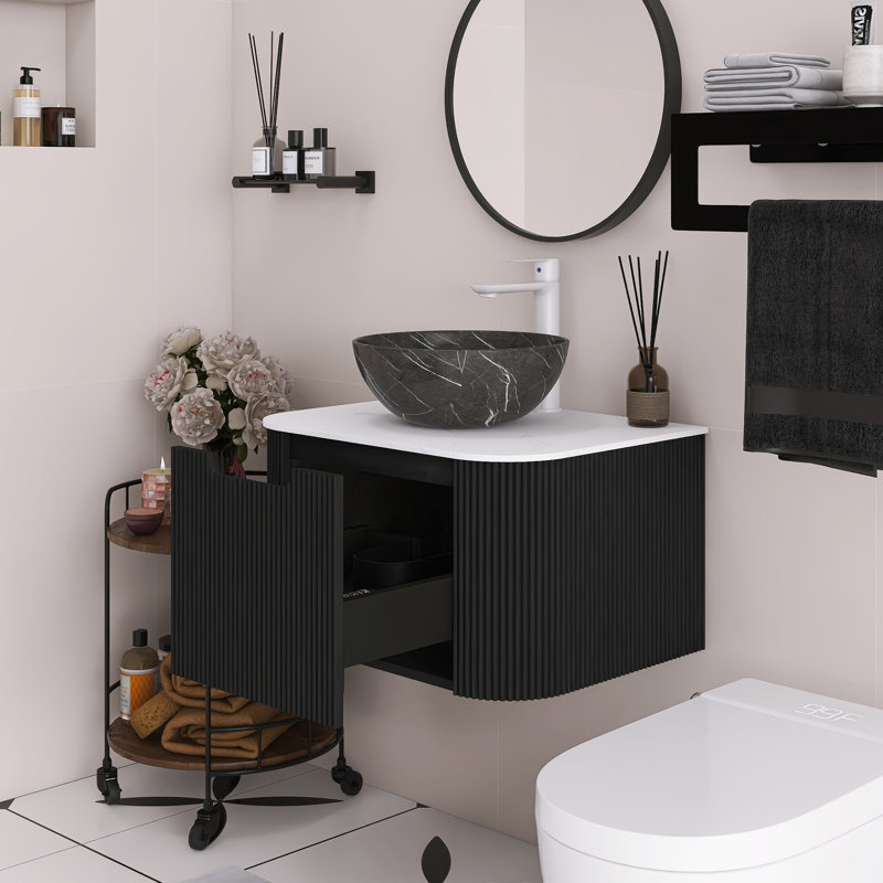 Meuble-lavabo mural 24 po avec bords courbés et motif rayé, meuble de rangement avec tiroir, cuve en céramique noire avec motif en pierre.