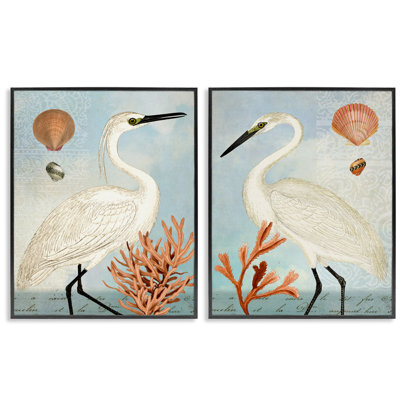 «Beach Articles Shell Heron Egret», ensemble de 2 giclées encadrées par Susan Arnot, Giclée encadrée noir minuit