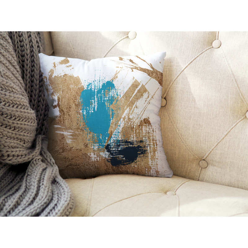 Coussin décoratif intérieur / extérieur Wanda, L 17 po x H 17 po, Turquoise / or / blanc
