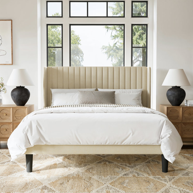 Full Size Upholstered Platform Bed with Wingback Headboard and Wooden Slats, Beige, Full